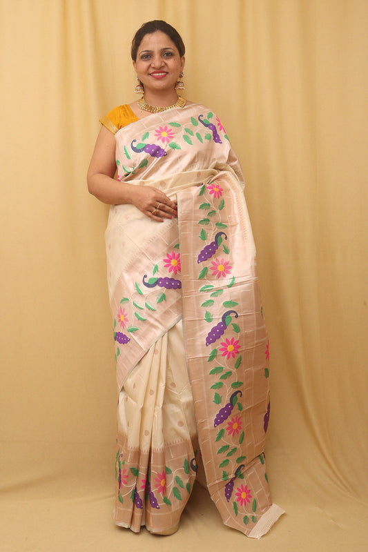 Pastel Paithani Silk Bird And Flower Design Saree - divyaindia 