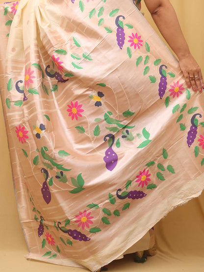 Pastel Paithani Silk Bird And Flower Design Saree - divyaindia 