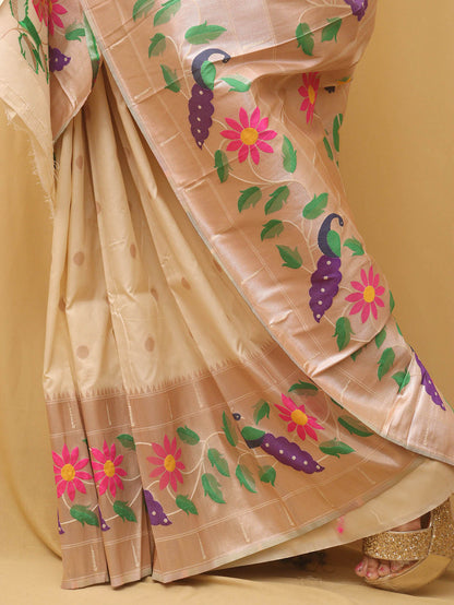 Pastel Paithani Silk Bird And Flower Design Saree - divyaindia 