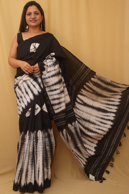 Exquisite Black And White Shibori Print Semi Tussar Silk Saree for Timeless Elegance - divyaindia 