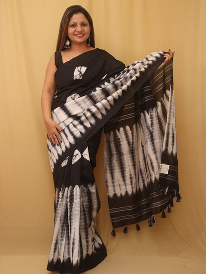 Exquisite Black And White Shibori Print Semi Tussar Silk Saree for Timeless Elegance - divyaindia 