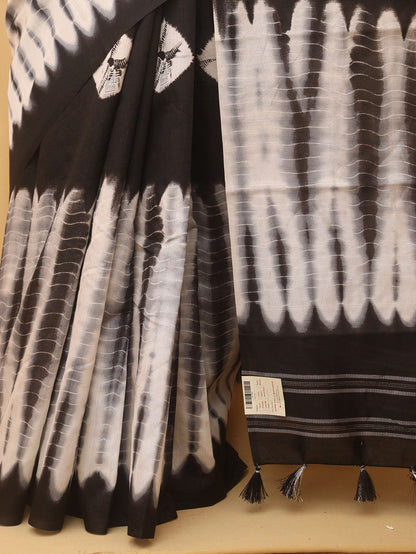 Exquisite Black And White Shibori Print Semi Tussar Silk Saree for Timeless Elegance - divyaindia 