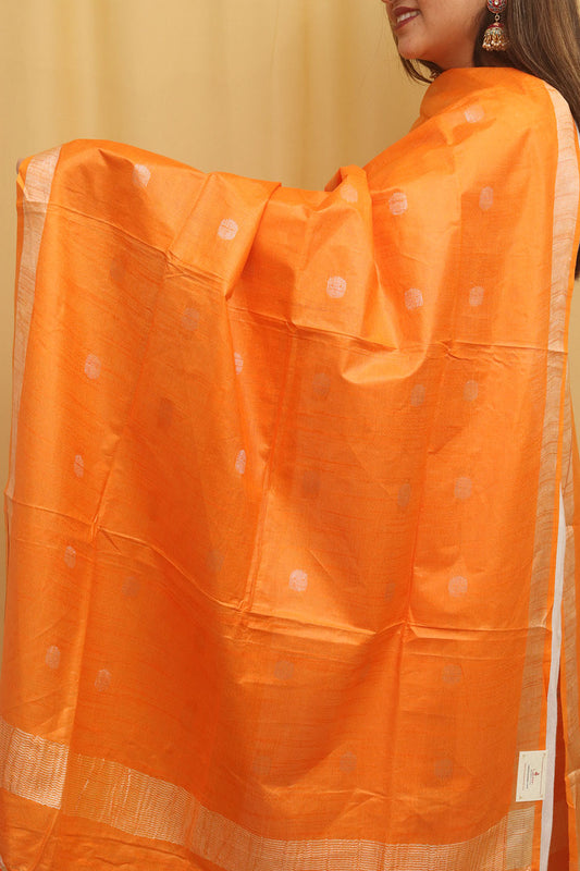 Orange Bhagalpur Handloom Linen Cotton Dupatta - divyaindia 