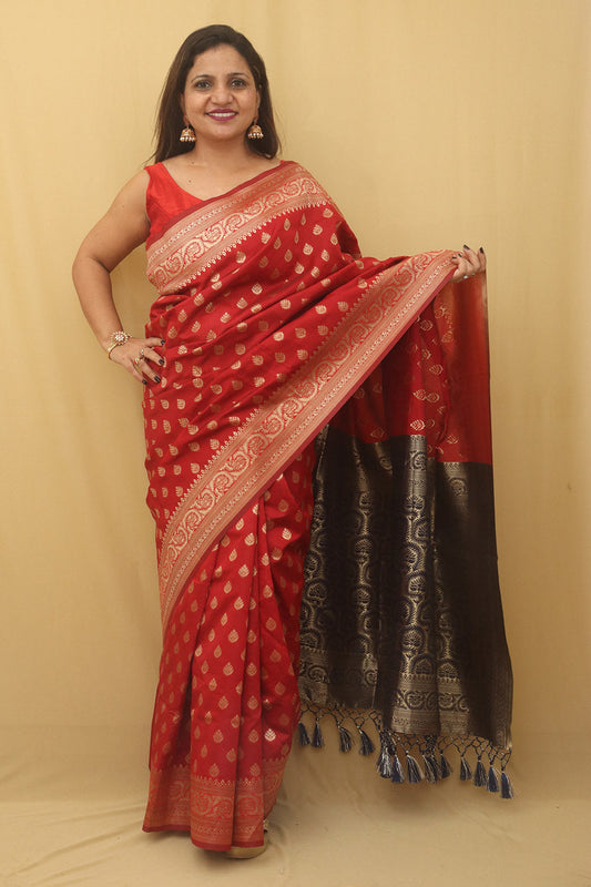 Red Banarasi Cotton Silk Saree - divyaindia 