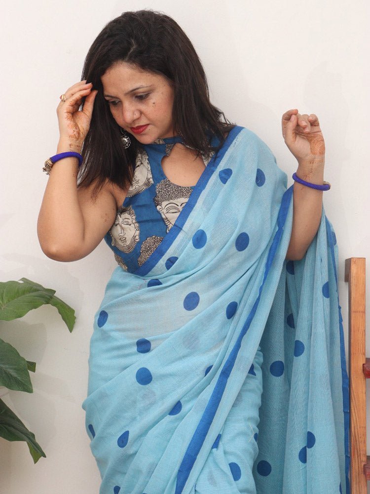 Blue Bengal Cotton Polka Dots Saree - divyaindia 