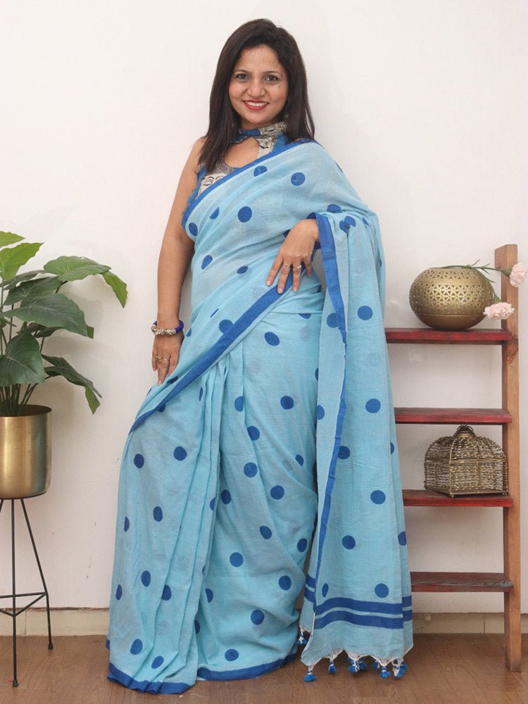 Blue Bengal Cotton Polka Dots Saree - divyaindia 