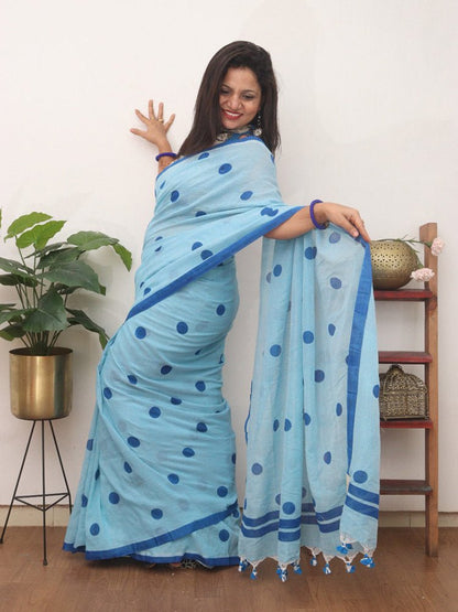 Blue Bengal Cotton Polka Dots Saree - divyaindia 