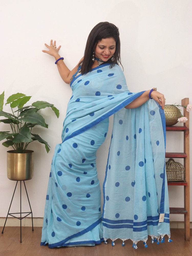 Blue Bengal Cotton Polka Dots Saree - divyaindia 