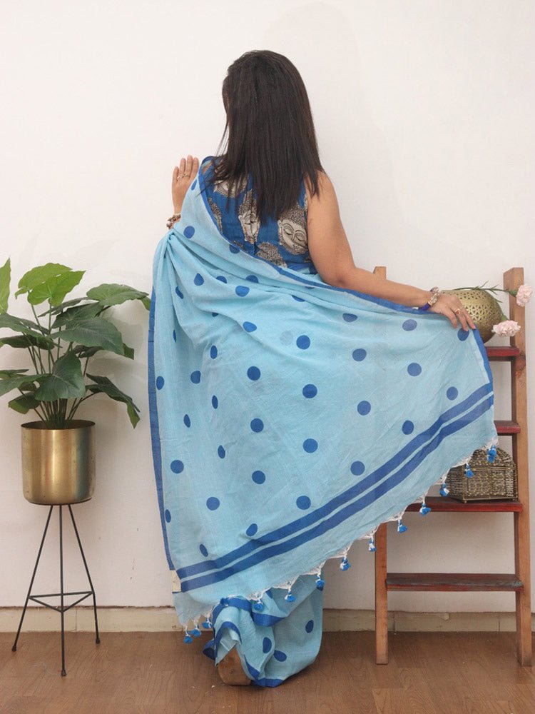 Blue Bengal Cotton Polka Dots Saree - divyaindia 