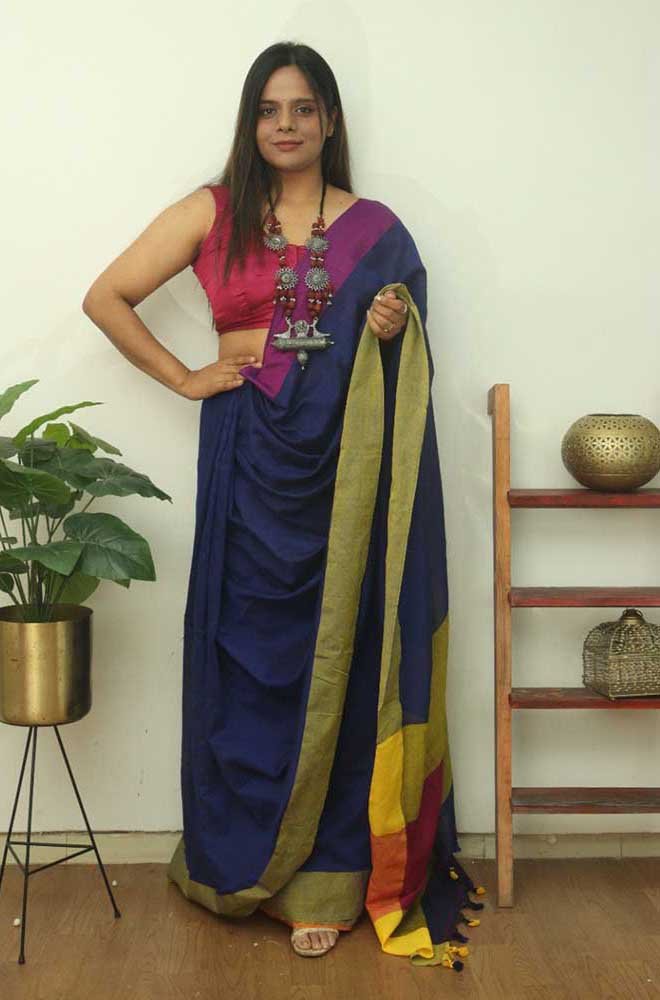 Blue Bengal Plain Cotton Saree - divyaindia 