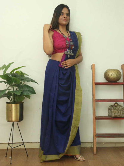 Blue Bengal Plain Cotton Saree - divyaindia 