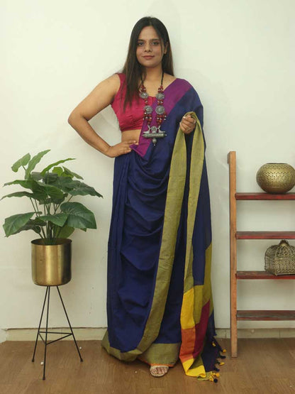 Blue Bengal Plain Cotton Saree - divyaindia 