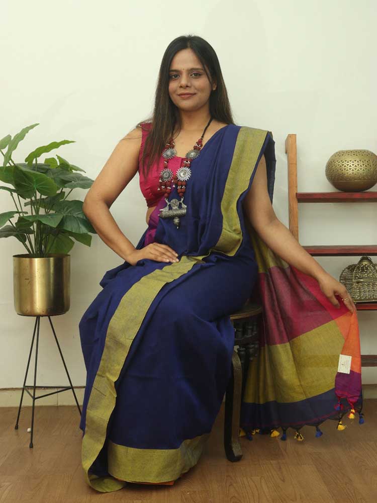 Blue Bengal Plain Cotton Saree - divyaindia 