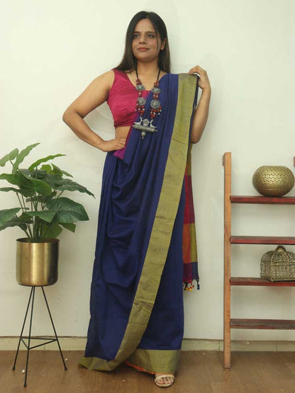 Blue Bengal Plain Cotton Saree - divyaindia 