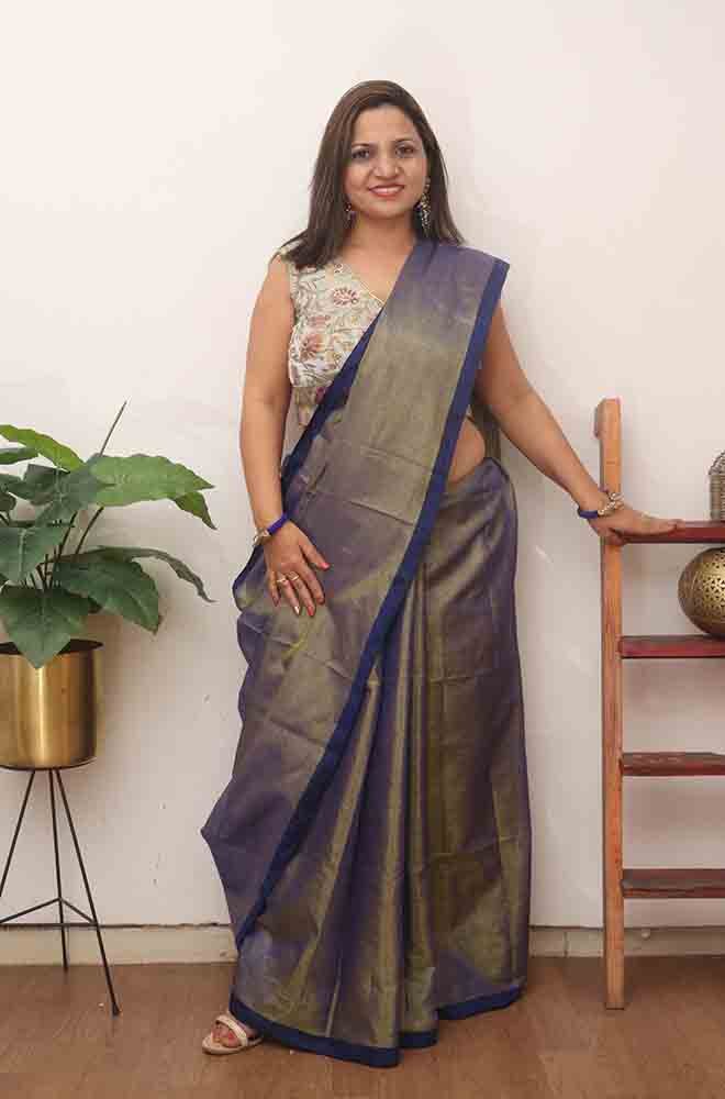 Blue Bengal Plain Tissue Cotton Saree - divyaindia 