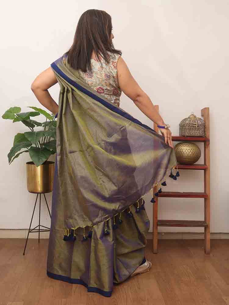 Blue Bengal Plain Tissue Cotton Saree - divyaindia 