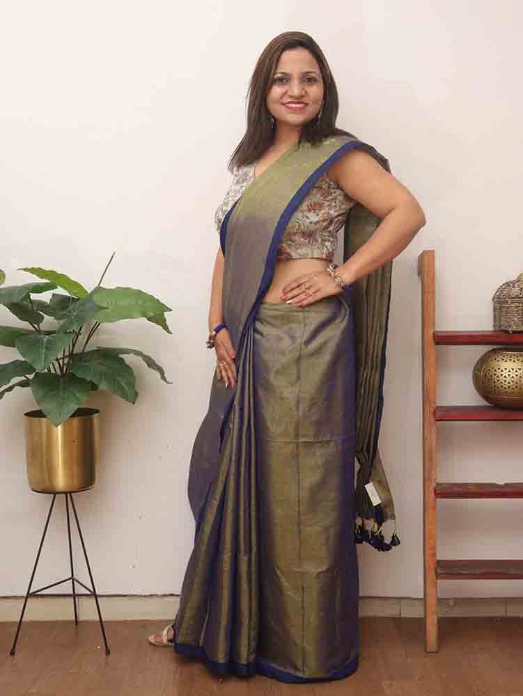 Blue Bengal Plain Tissue Cotton Saree - divyaindia 