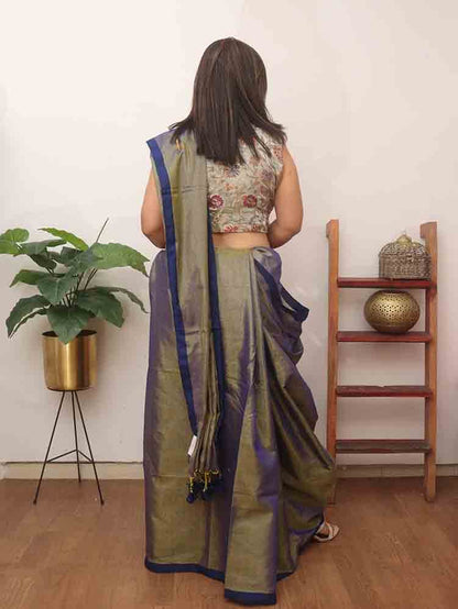 Blue Bengal Plain Tissue Cotton Saree - divyaindia 