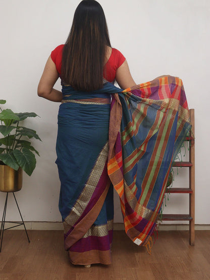Blue Handloom Plain Bengal Cotton Saree - divyaindia 