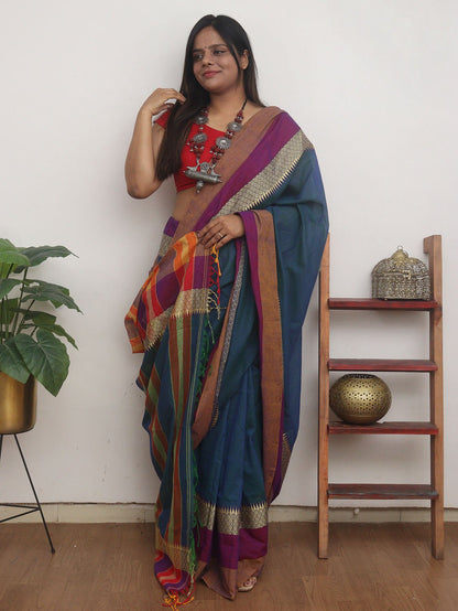 Blue Handloom Plain Bengal Cotton Saree - divyaindia 