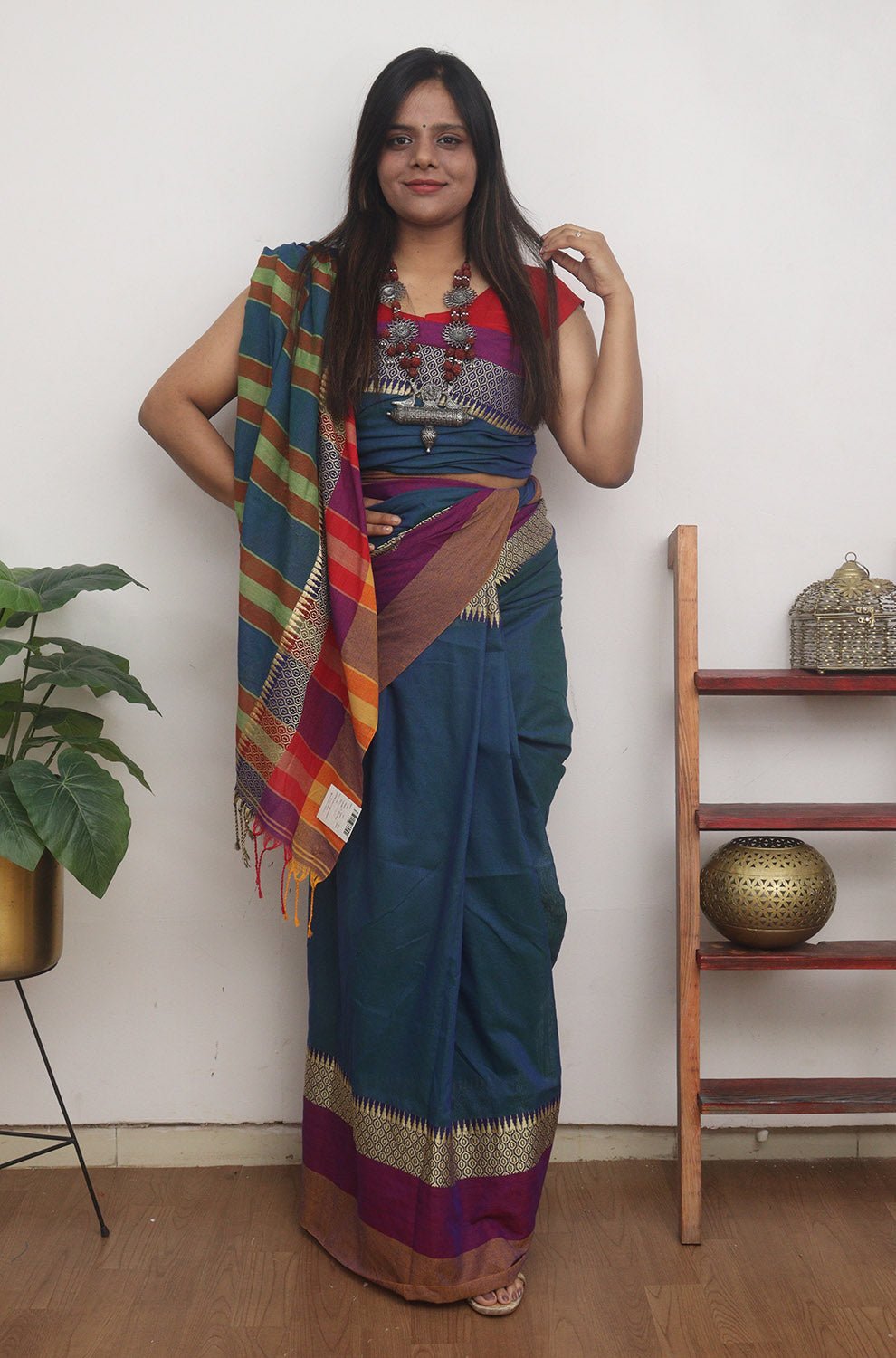 Blue Handloom Plain Bengal Cotton Saree - divyaindia 