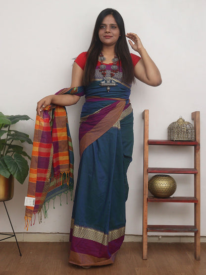 Blue Handloom Plain Bengal Cotton Saree - divyaindia 