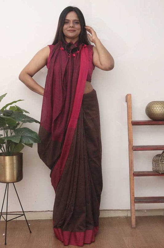 Brown Bengal Plain Cotton Saree with Contrast Border - divyaindia 