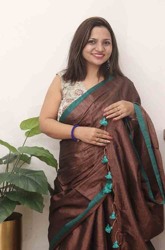 Brown Bengal Plain Tissue Cotton Saree - divyaindia 
