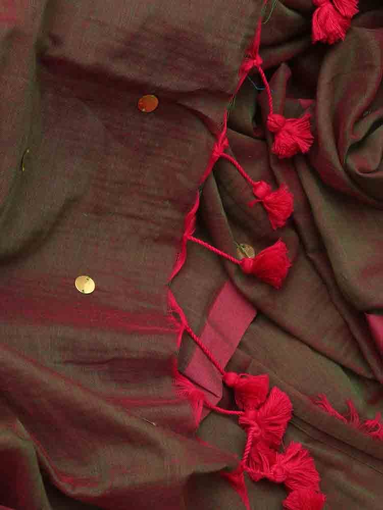 Green And Maroon Bengal Plain Cotton Saree - divyaindia 