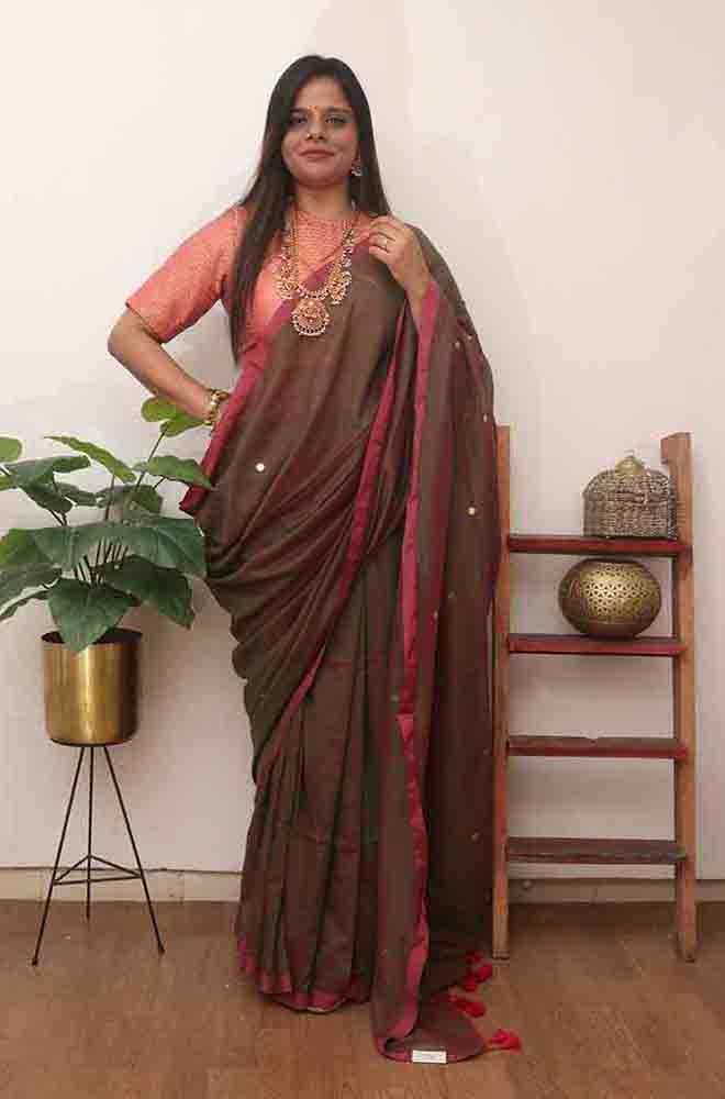 Green And Maroon Bengal Plain Cotton Saree - divyaindia 