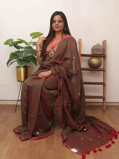 Green And Maroon Bengal Plain Cotton Saree - divyaindia 