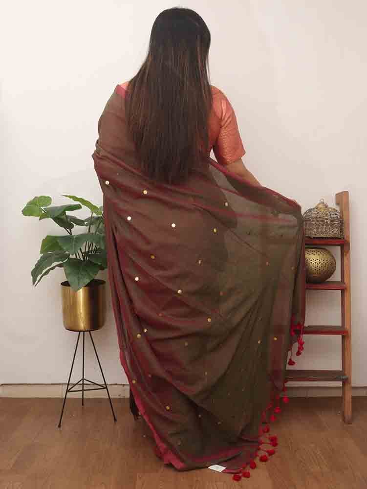 Green And Maroon Bengal Plain Cotton Saree - divyaindia 