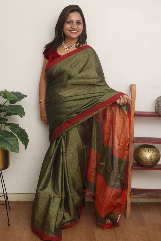 Green Bengal Plain Tissue Cotton Saree - divyaindia 