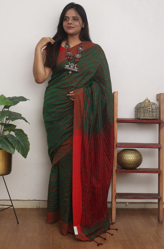 Green Handloom Bengal Cotton Saree - divyaindia 