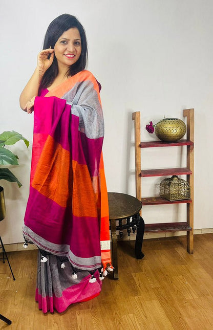 Grey Bengal Plain Cotton Saree - divyaindia 