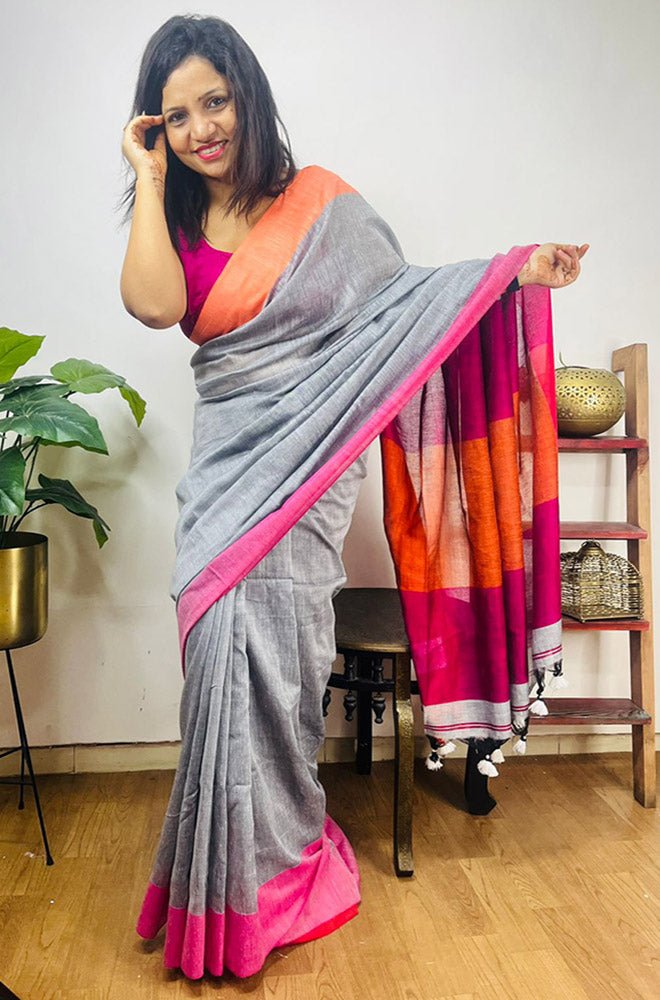 Grey Bengal Plain Cotton Saree - divyaindia 