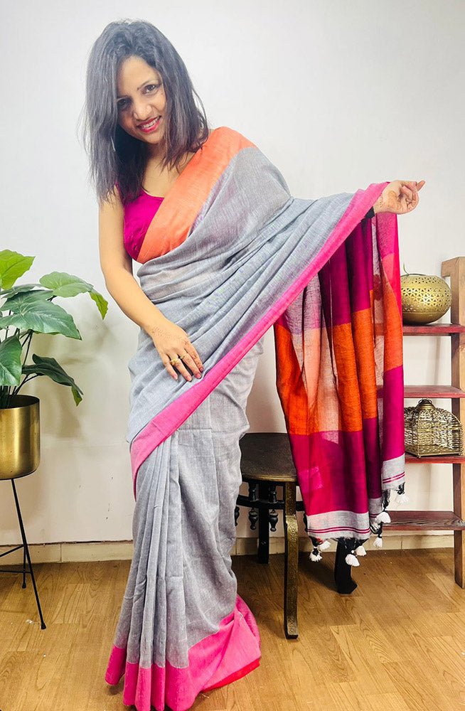 Grey Bengal Plain Cotton Saree - divyaindia 