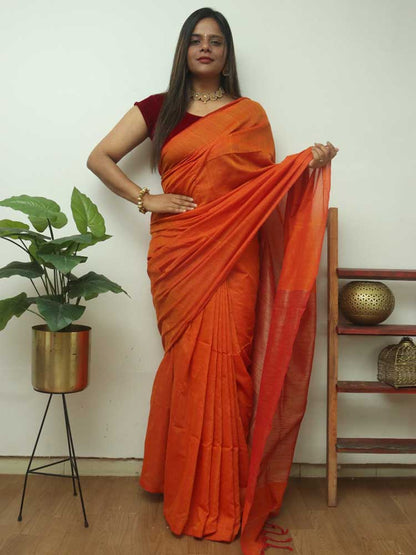 Orange Bengal Plain Cotton Saree - divyaindia 