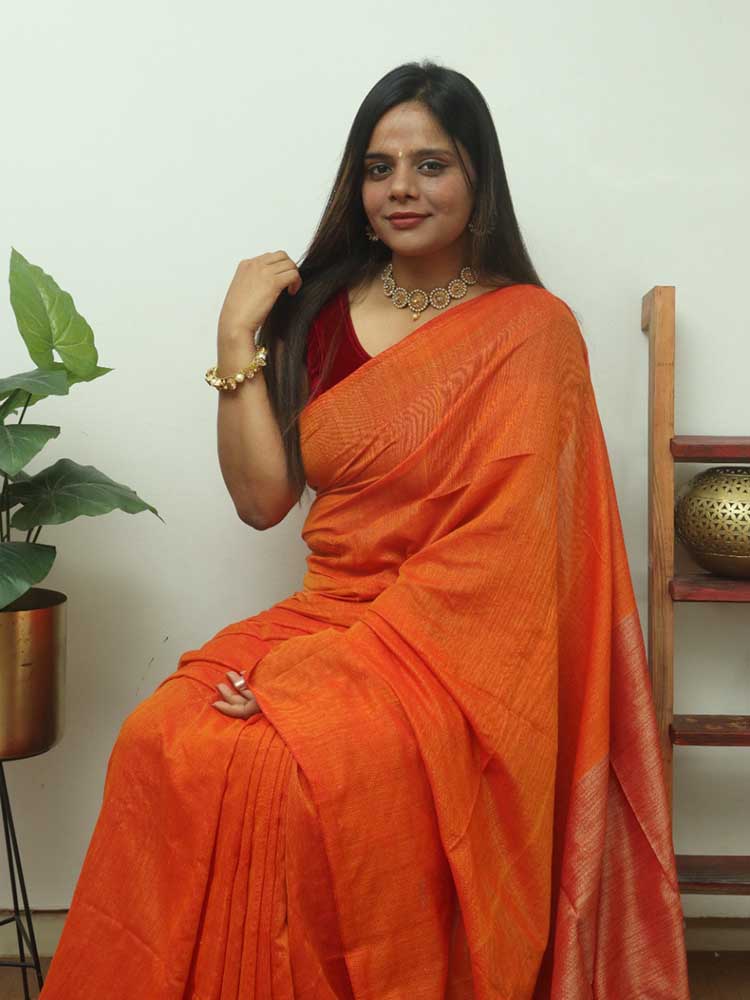 Orange Bengal Plain Cotton Saree - divyaindia 