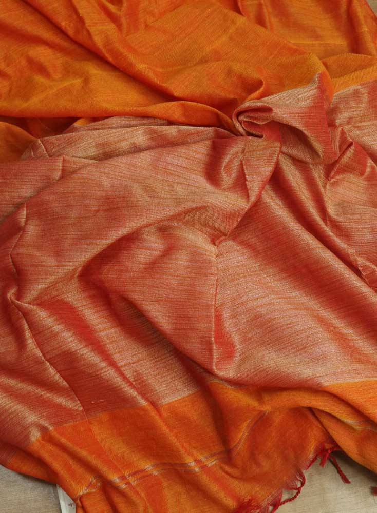 Orange Bengal Plain Cotton Saree - divyaindia 