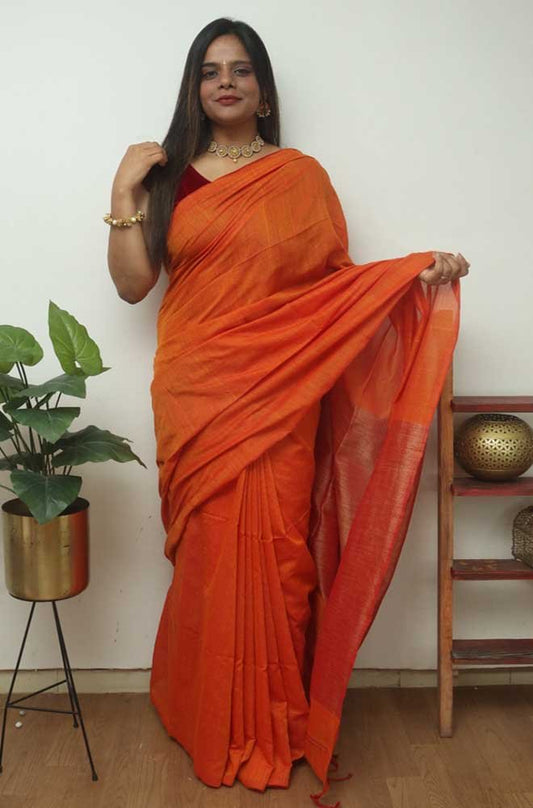 Orange Bengal Plain Cotton Saree - divyaindia 