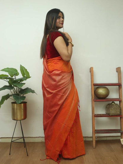 Orange Bengal Plain Cotton Saree - divyaindia 