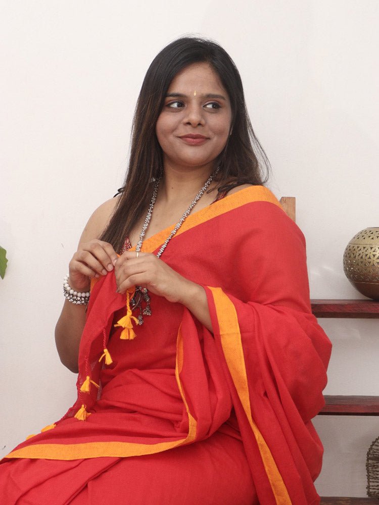 Red Bengal Plain Cotton Saree - divyaindia 
