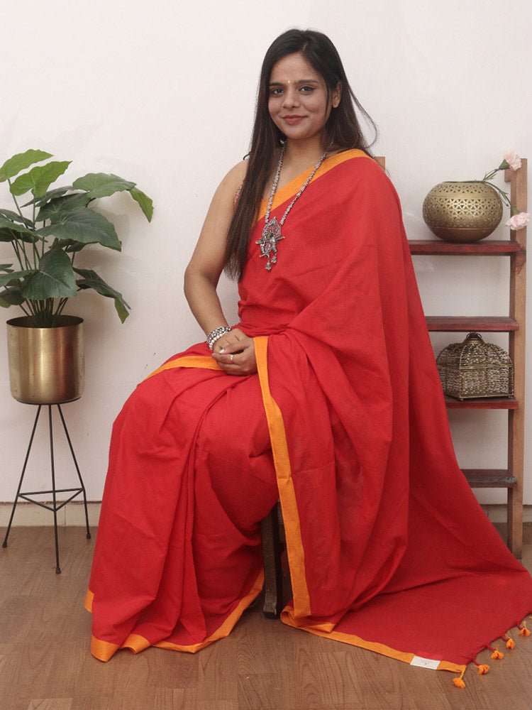 Red Bengal Plain Cotton Saree - divyaindia 