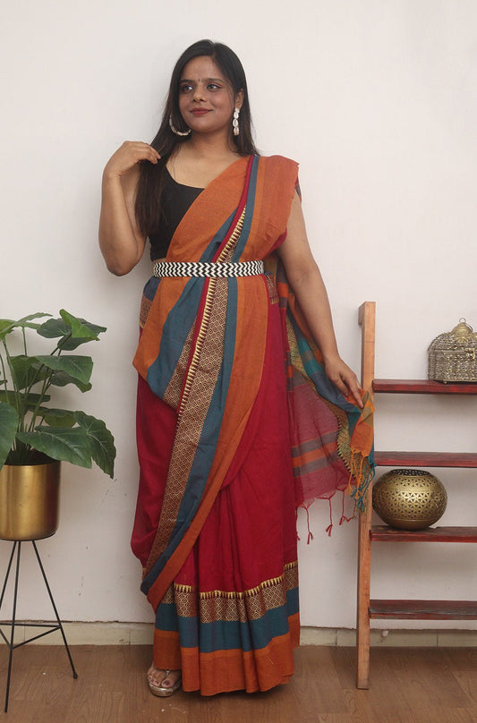 Red Handloom Plain Bengal Cotton Saree - divyaindia 