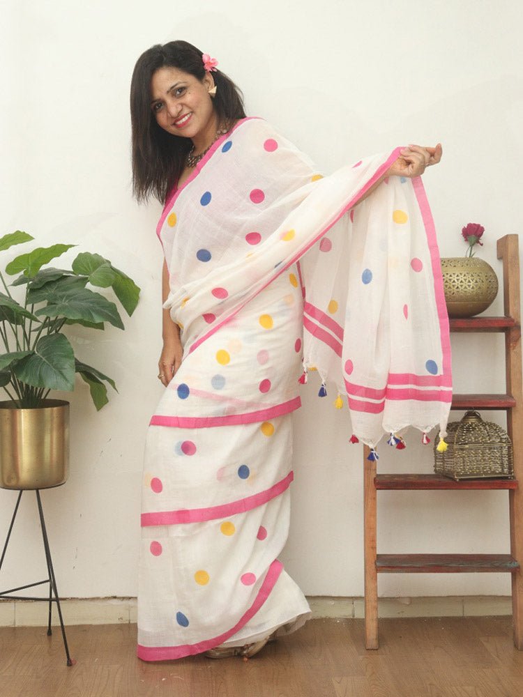 White Bengal Cotton Polka Dots Saree - divyaindia 