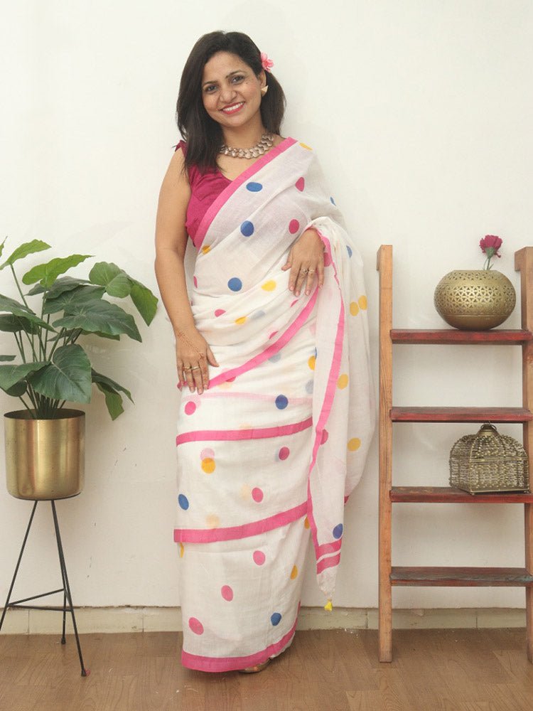 White Bengal Cotton Polka Dots Saree - divyaindia 