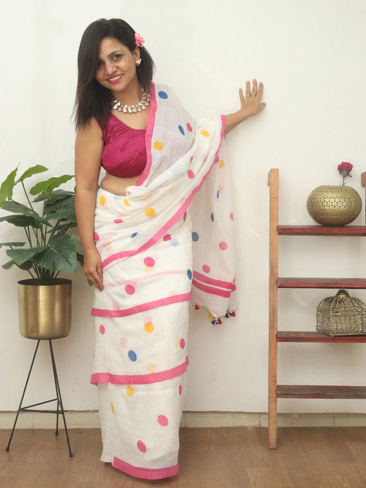 White Bengal Cotton Polka Dots Saree - divyaindia 