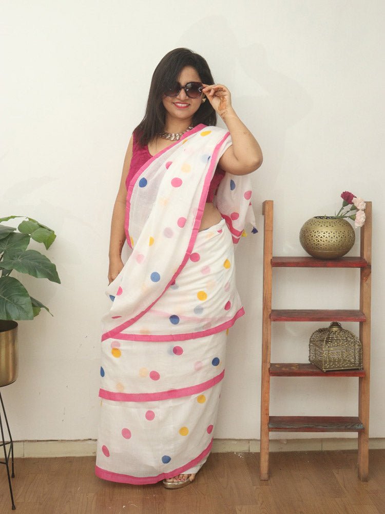 White Bengal Cotton Polka Dots Saree - divyaindia 