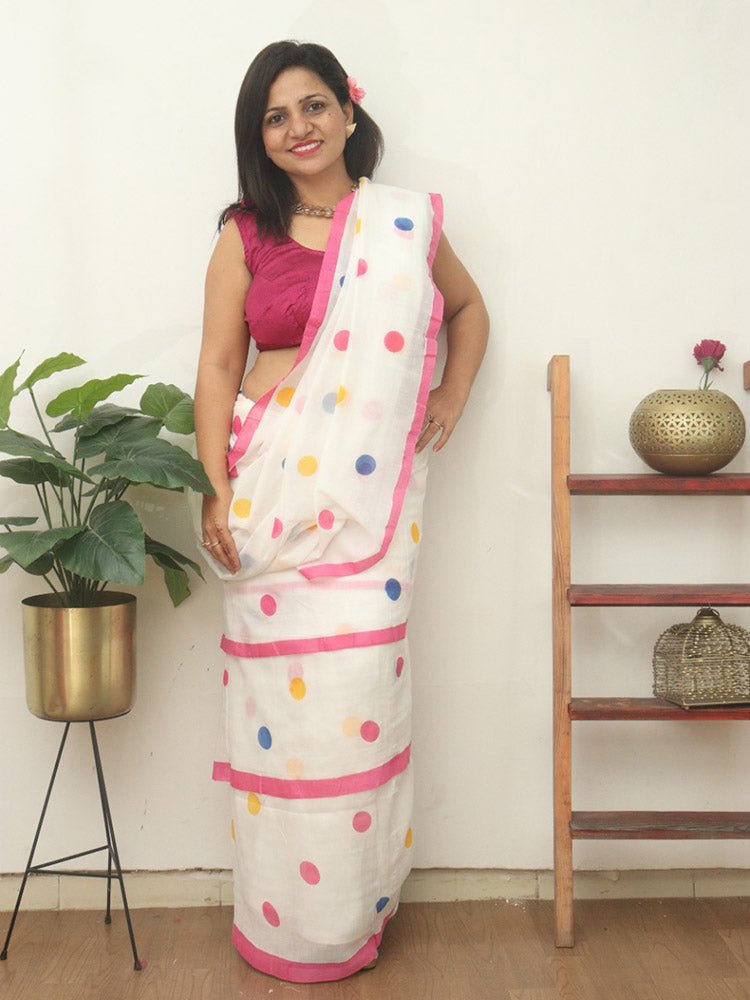 White Bengal Cotton Polka Dots Saree - divyaindia 